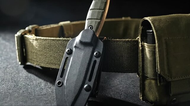Tactical knife and belt with pouch for survival. Military gear accessory for outdoor adventure and close protection