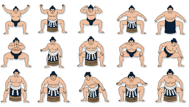 Extensive set of fifteen illustrations showing a sumo wrestler in different traditional poses and ceremonial ritual stances.