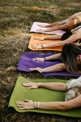 Close-up of women stretching forward on colorful yoga mats outdoors. Mindfulness, flexibility, calm focus and wellness concept.