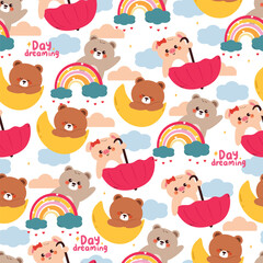 Obraz premium seamless pattern cute hand drawn cartoon animals with sky element. cute animal pattern background