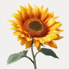 Obraz premium A vibrant, close-up view of a sunflower with bright yellow petals, dew drops, a brown center, green stem and leaf on white