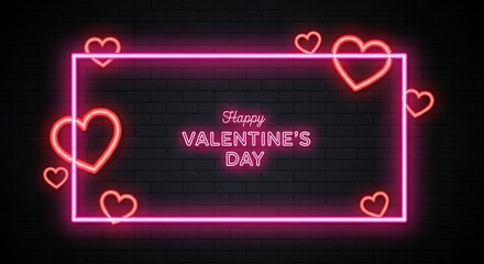 Happy valentines day wishes with neon hearts on black background
