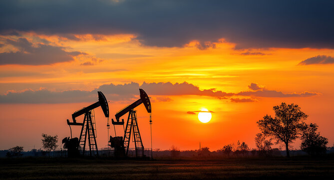 Silhouette of oil pumpjacks at sunset in the oil field landscape with colorful sky