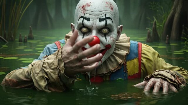 Terrifying Clown Emerges from Swamp, Creepy Horror Scene