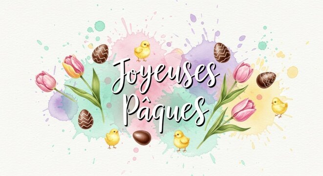 Joyeuses P&acirc;ques Elegant French Easter Poster with Watercolor Lettering, Spring Flowers and Chocolate Eggs