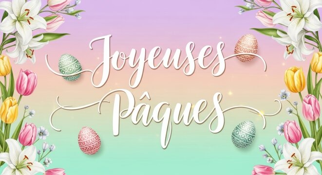Joyeuses P&acirc;ques Elegant French Easter Poster with Watercolor Lettering, Spring Flowers and Chocolate Eggs