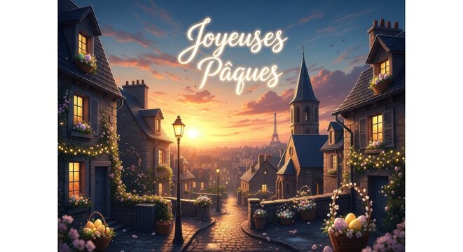Joyeuses P&acirc;ques Elegant French Easter Poster with Watercolor Lettering, Spring Flowers and Chocolate Eggs