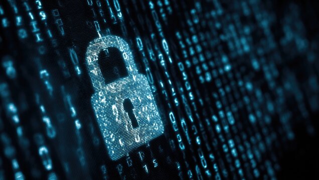 Digital padlock overlaid on a blue binary code background, symbolizing data protection and online security. Abstract and modern