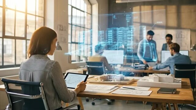 Woman architect designing city buildings on virtual screen. Future construction planning with augmented reality hologram