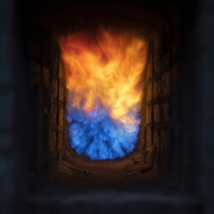 Fototapeta premium Industrial Furnace Blue and Orange Flames Through Brick Opening