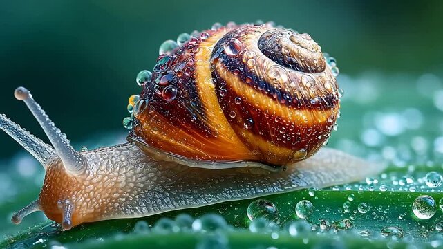 Garden snail crawls across a vibrant green leaf covered in translucent morning dew drops under soft natural lighting and sharp focus lens.