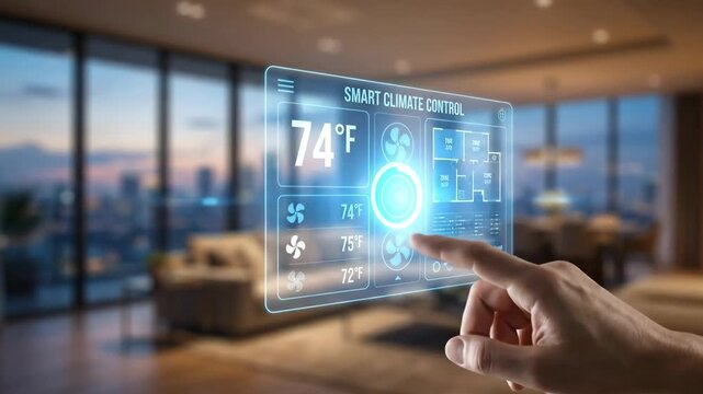 Man using smart climate control interface in modern home with changing temperature settings for advanced automation system