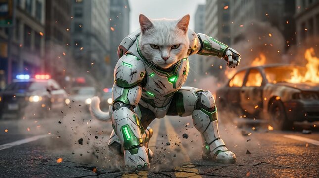 Cat superhero in advanced green and white power armor stands ready for action in a ruined city street with a burning car and flashing emergency lights, showing determination and strength