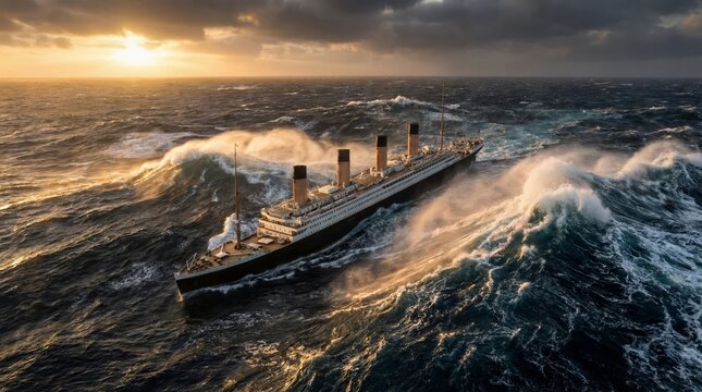 Grand ocean liner navigating a furious storm with massive waves crashing around, highlighting concepts of resilience, journey, power, and the challenging forces of nature during a dramatic sunset