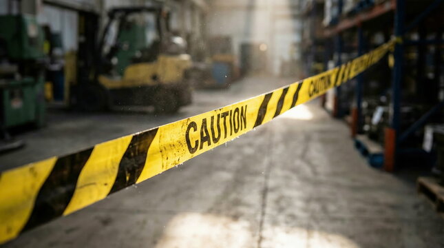 Bright yellow caution tape blocks access in a dusty industrial warehouse with machinery, signaling danger and restricted entry for safety.