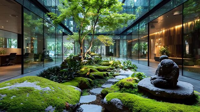 Minimalist Japanese-style courtyard garden inside a modern office building features green moss, rocks, and a small maple tree behind glass.