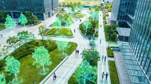 Smart city with glowing virtual trees and walking people, illustrating environmental data visualization and future urban planning