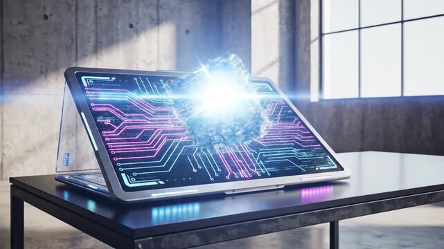 Tablet on metal table with abstract digital circuit board on screen in modern office