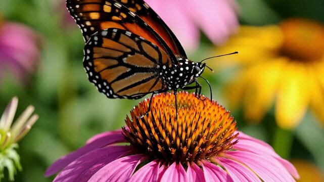 Monarch butterfly feeding on a vibrant purple coneflower in a sunny garden.