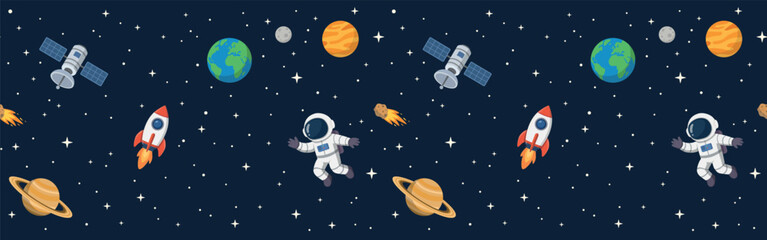 Cartoon Outer Space with Astronaut, Rocket and Planets Seamless Horizontal Banner © Alex_Zakharov