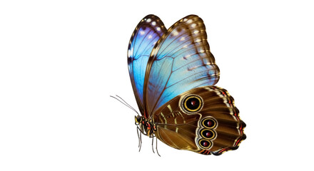 Striking blue morpho butterfly PNG isolated on transparent background, tropical insect with vibrant colors and intricate wing patterns for design projects © Ethan