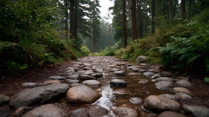 A wet cobblestone forest path winding through tall trees under an overcast sky evoking a sense of natural tranquility and damp atmosphere