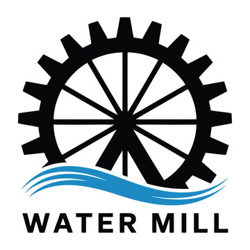 Water mill logo with gear wheel and blue wave design element icon