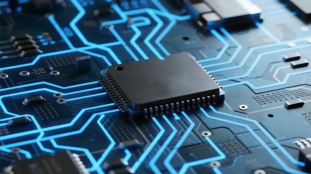 Closeup of a modern microchip on a circuit board, illustrating technology and innovation in electronics and computing.