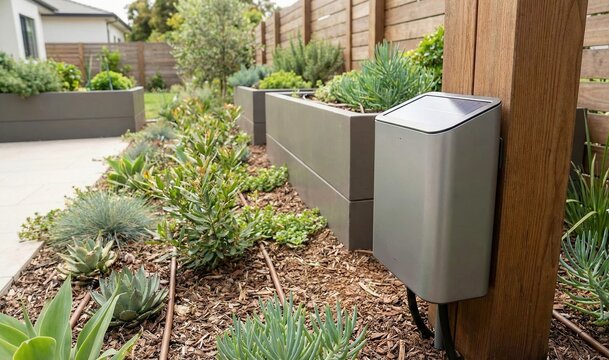 Modern backyard garden featuring a smart solar-powered irrigation system, raised beds with lush plants, and a stylish landscape design.