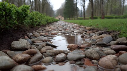 A wet rocky path meandering through a serene park with lush green bushes and distant architecture