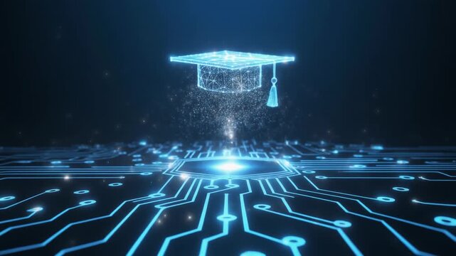 Digital graduation cap hovering over a glowing circuit board with blue light effects education