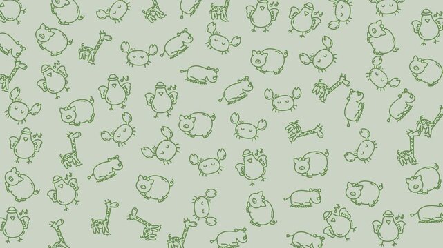 Pattern of cartoon animals in light green color. Perfect for childrens book illustrations, stationery, and baby products.