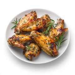 Close-up studio shot of a white plate piled high with golden-brown baked chicken wings, garnished with fresh green herbs