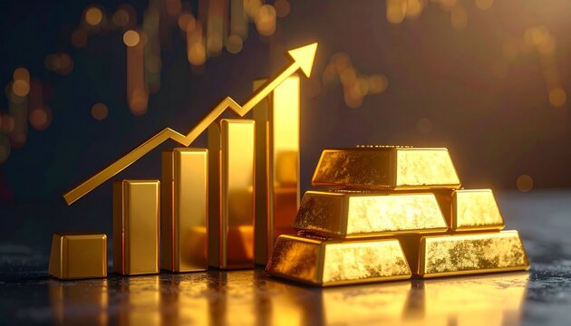Stack of gold bars beside ascending golden bar chart with upward arrow symbolizing financial growth