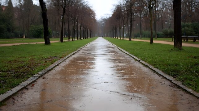 A wet tree lined park pathway glistens after rain creating a reflective moody scene