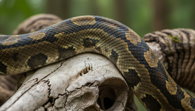 Close-up of a python coiled around a weathered animal skull, set against a backdrop of dense forest, showcasing the primal power and wild beauty of a top predator in its natural habitat.