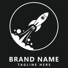 White rocket ship logo with circle and clouds on dark background for business brand icon