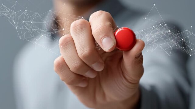 Disaster Tech and tecnology concepts ,Hand pressing red button with network connection lines symbolizing emergency alert urgent