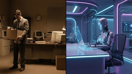Man carrying a box of personal belongings in an old office, symbolizing job displacement, while a modern robot works on a futuristic computer, representing automation and future employment