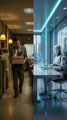 Man walks out of a traditional office carrying a box of belongings as a robot works efficiently at a sleek, futuristic desk, depicting job displacement and future workforce challenges