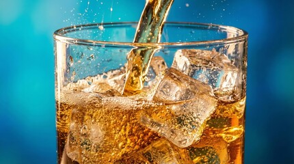 Cold golden liquid splashing and bubbling into a transparent glass filled with clear ice cubes, creating a dynamic and refreshing scene against a vibrant blue background