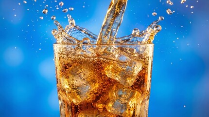 Carbonated soft drink with ice cubes splashing into a glass, depicting refreshment, effervescence, and a cool, invigorating experience against a blue background