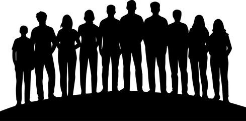 Diverse Group of People Silhouette Standing on a Hill Team Community Crowd Icon Black Vector Illustration on White Background