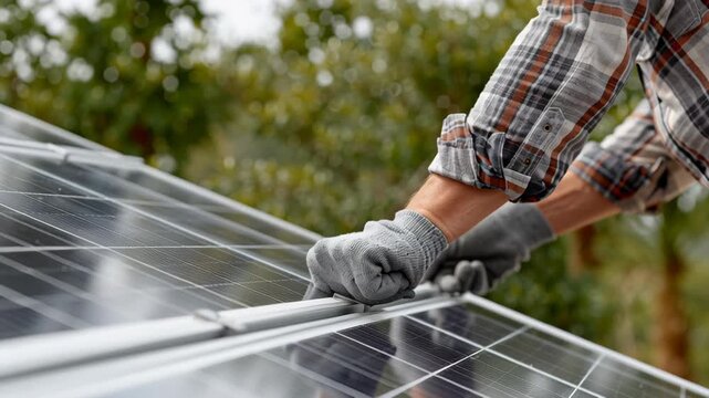 Disaster Tech and tecnology concepts ,Solar panel worker hand wearing glove fixing metal frame renewable energy device outdoors