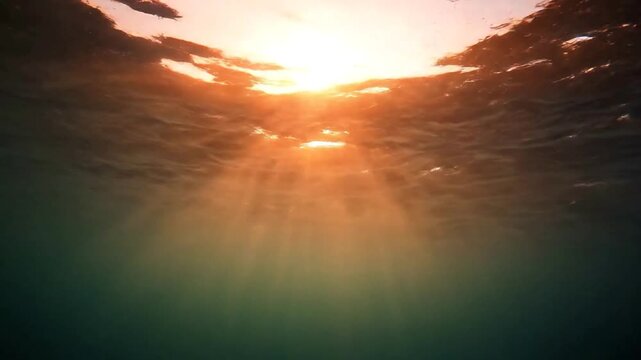 Serene underwater view of a vibrant sunset with sun rays penetrating the ocean surface.