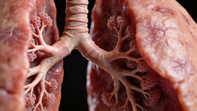 Ultra-realistic macro medical photo of human lungs interior, detailed alveoli structure, soft airflow visualization, clean clinical lighting, shallow depth of field, scientific accuracy.