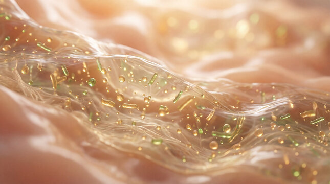 Ultra-realistic scanning electro microscopy macro shot of a healthy human gut microbiome concept, glowing beneficial bacteria floating in a soft organic environment, warm natural light.
