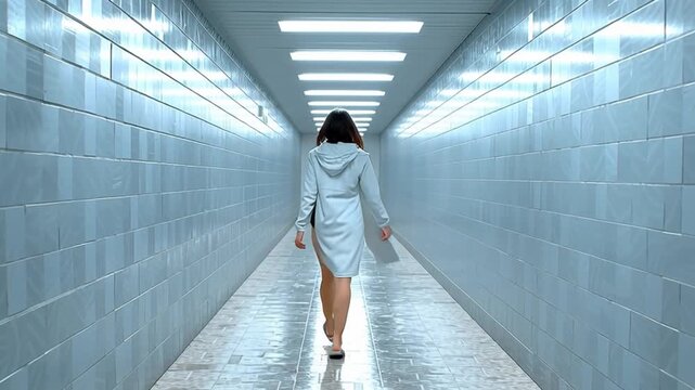 Journey Through the Corridor: A solitary figure, clad in a robe, walks away down a long, stark corridor, evoking feelings of introspection and solitude. A sense of journeying to self.