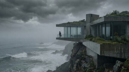 Person stands on a contemporary concrete minimalist home balcony. Observing the powerful turbulent ocean waves under a dark. Cloudy. And dramatic sky. Conveying a sense of contemplation and isolation