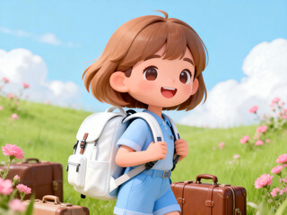 Girl Outdoor Vacation Travel Cartoon Illustration